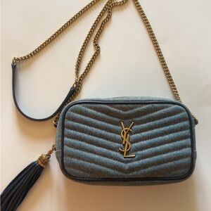 Yves Saint Laurent Blue and Gold Chevron Crossbody Bag